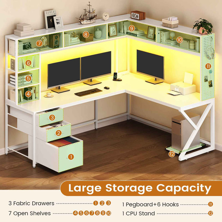 SEDETA 94.5 Inch Convertible Gaming Desk with Storage Shelves and Hutch Computer Desk with Drawers Power Outlet and LED Lights