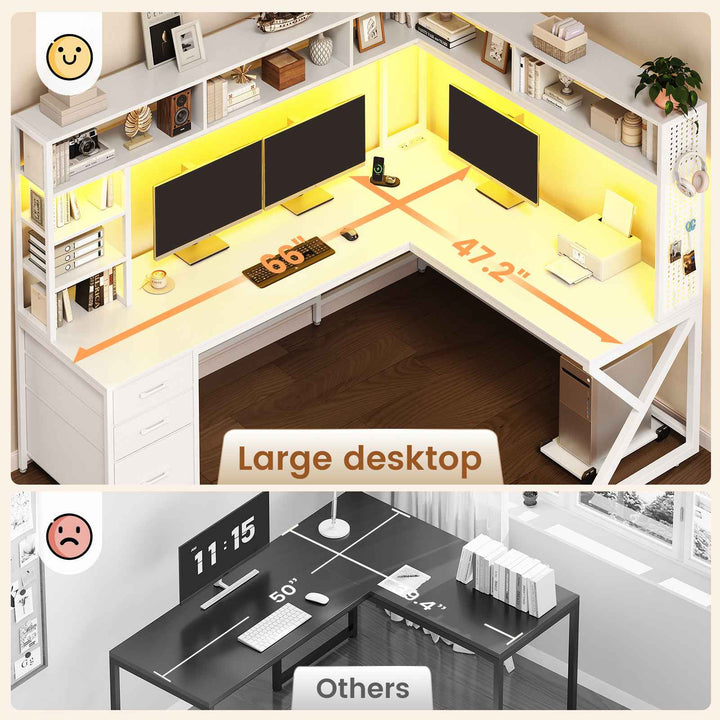 SEDETA 94.5 Inch Convertible Gaming Desk with Storage Shelves and Hutch Computer Desk with Drawers Power Outlet and LED Lights