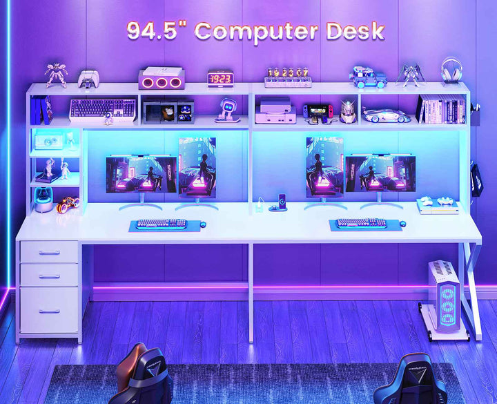 SEDETA 94.5 Inch Convertible Gaming Desk with Storage Shelves and Hutch Computer Desk with Drawers Power Outlet and LED Lights