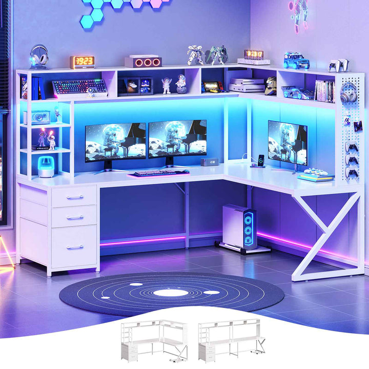 SEDETA 94.5 Inch Convertible Gaming Desk with Storage Shelves and Hutch Computer Desk with Drawers Power Outlet and LED Lights