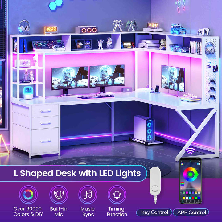 SEDETA 94.5 Inch Convertible Gaming Desk with Storage Shelves and Hutch Computer Desk with Drawers Power Outlet and LED Lights