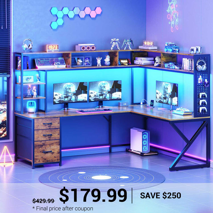 SEDETA® 94.5 Inch Convertible Computer Desk L Shaped Gaming Desk with Drawers Storage Shelves Power Outlet and LED Lights