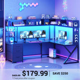 SEDETA | 94.5 Inch L Shaped LED Gaming Desk Convertible Computer Desk with Power Outlet Drawers Storage Shelves and Hutch