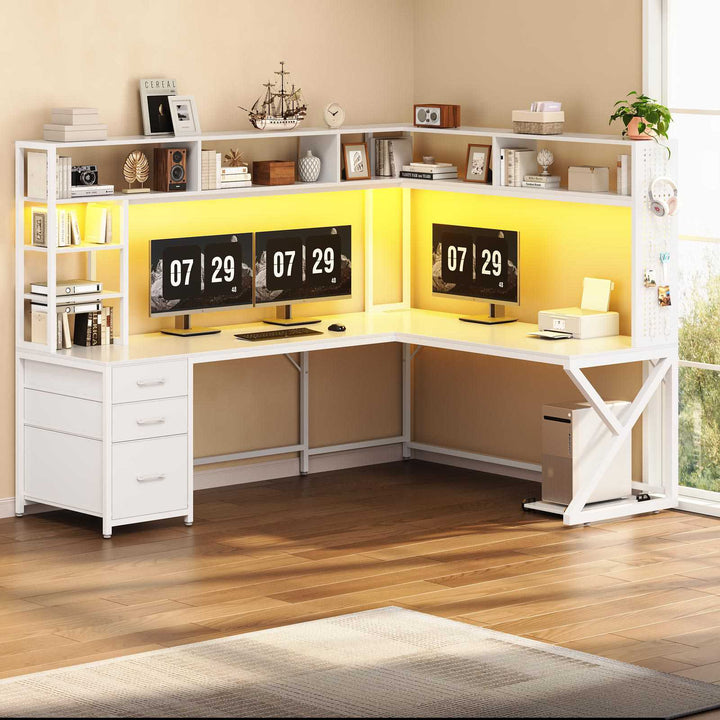 SEDETA 94.5 Inch Convertible Gaming Desk with Storage Shelves and Hutch Computer Desk with Drawers Power Outlet and LED Lights