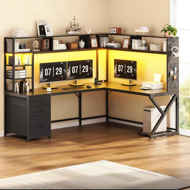 SEDETA 94.5 Inch Convertible Gaming Desk with Storage Shelves and Hutch Computer Desk with Drawers Power Outlet and LED Lights