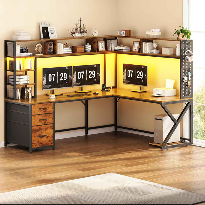 SEDETA 94.5 Inch Convertible Gaming Desk with Storage Shelves and Hutch Computer Desk with Drawers Power Outlet and LED Lights
