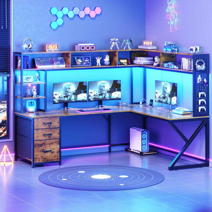 SEDETA 94.5 Inch Convertible Gaming Desk with Storage Shelves and Hutch Computer Desk with Drawers Power Outlet and LED Lights