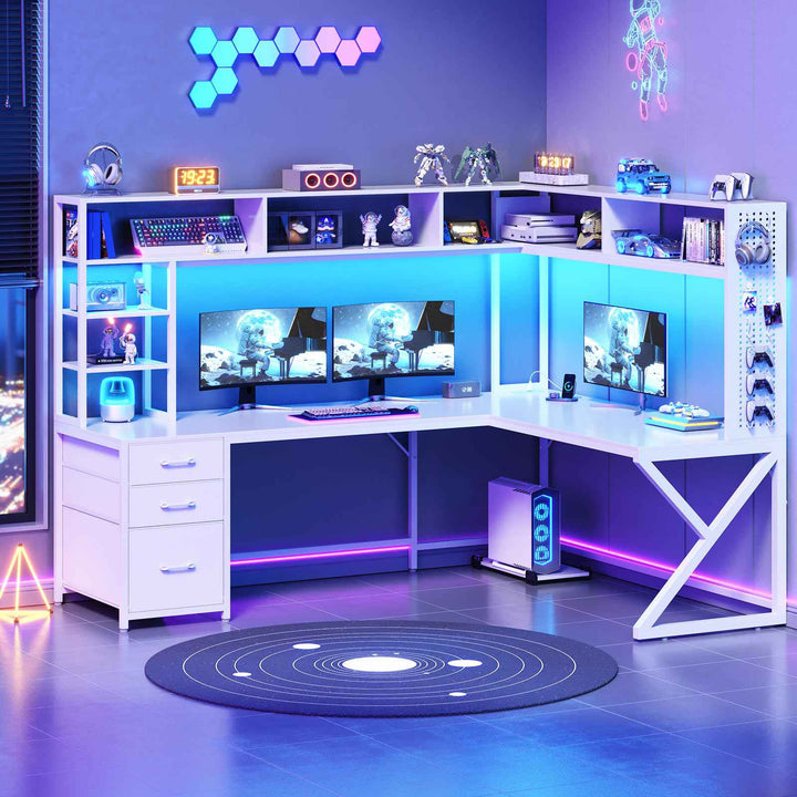 SEDETA 94.5 Inch Convertible Gaming Desk with Storage Shelves and Hutch Computer Desk with Drawers Power Outlet and LED Lights