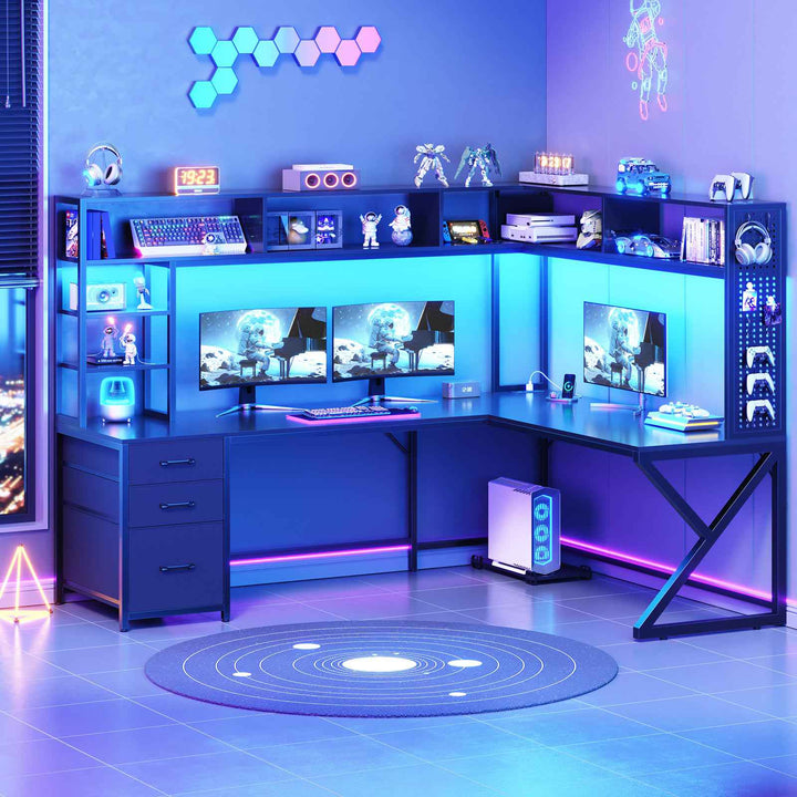 SEDETA 94.5 Inch Convertible Gaming Desk with Storage Shelves and Hutch Computer Desk with Drawers Power Outlet and LED Lights