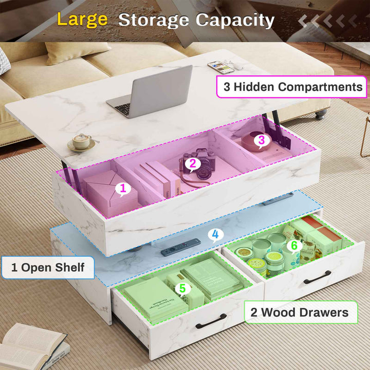 SEDETA 40 Inch Lift Top Coffee Table with Led Lights Storage for Living Room