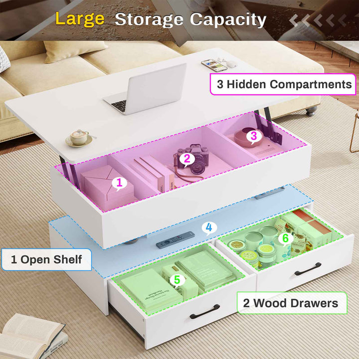 SEDETA 40 Inch Lift Top Coffee Table with Led Lights Storage for Living Room