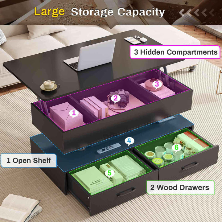 SEDETA 40 Inch Lift Top Coffee Table with Led Lights Storage for Living Room