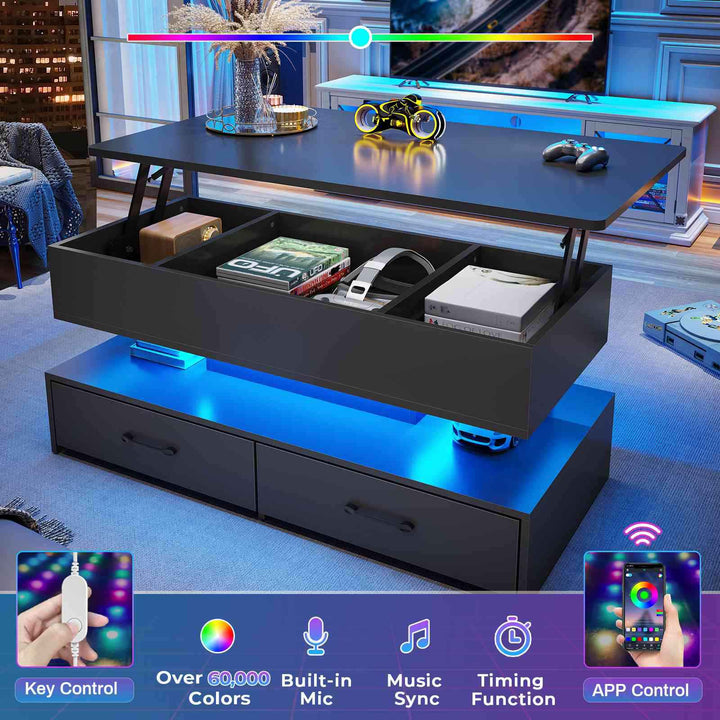 SEDETA 40 Inch Lift Top Coffee Table with Led Lights Storage for Living Room