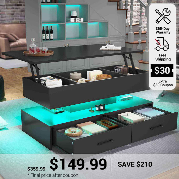 SEDETA 40 Inch Lift Top Coffee Table with Led Lights Storage for Living Room