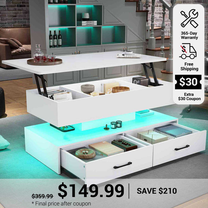 SEDETA 40 Inch Lift Top Coffee Table with Led Lights Storage for Living Room