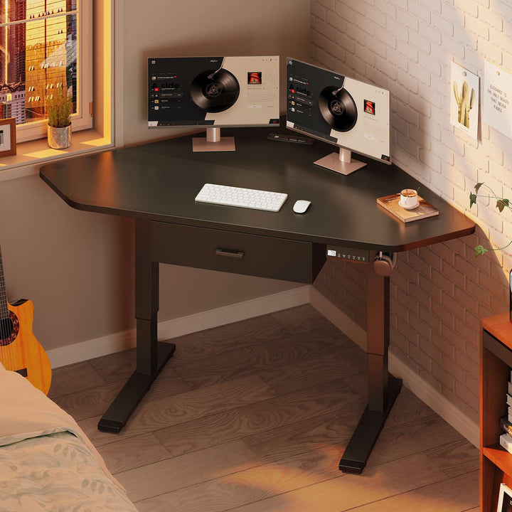 SEDETA 32 Inch Corner Electric Standing Desk Height Adjustable Computer Desk with Drawer Stand up Writing Desk