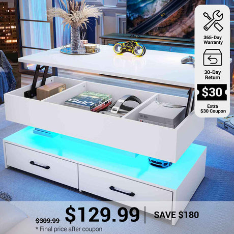 SEDETA® 40 Inch Lift Top Coffee Table with Storage Drawers and LED Light for Living Room