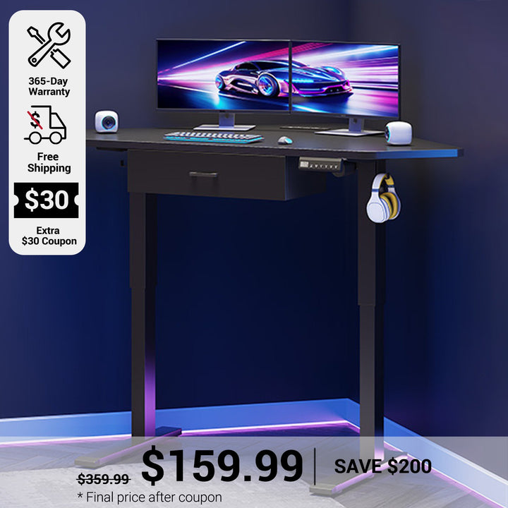 SEDETA 32 Inch Corner Electric Standing Desk Height Adjustable Computer Desk with Drawer Stand up Writing Desk