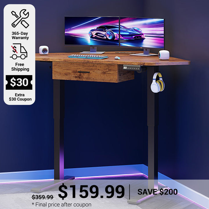 SEDETA 32 Inch Corner Electric Standing Desk Height Adjustable Computer Desk with Drawer Stand up Writing Desk