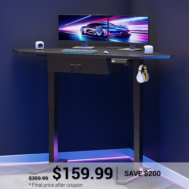 SEDETA 32 Inch Corner Electric Standing Desk Height Adjustable Computer Desk with Drawer Stand up Writing Desk