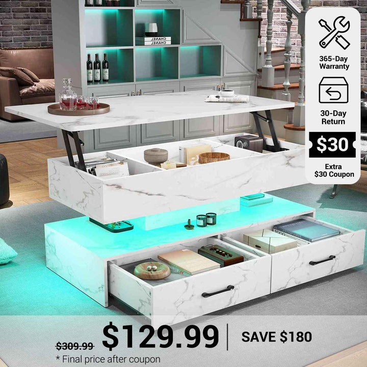 SEDETA® 40 Inch Lift Top Coffee Table with Storage Drawers and LED Light for Living Room