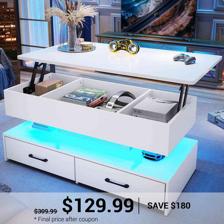 SEDETA | 40 Inch 2-in-1 Lift Top Coffee Table with Led Lights and Storage Drawers for Living Room