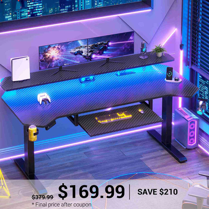 SEDETA 55 Inch Electric Standing Gaming Desk Height Adjustable Computer Desk with Power Strip LED Lights Keyboard Tray