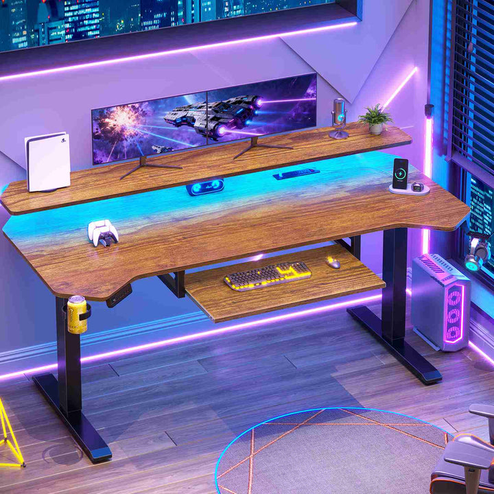 SEDETA® 55 Inch Electric Standing Gaming Desk Height Adjustable Ergonomic Computer Desk with LED Lights Power Strip Keyboard Tray and Monitor Stand