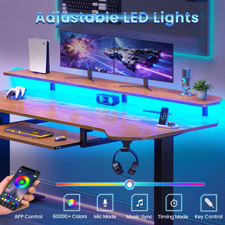 SEDETA® 55 Inch Electric Standing Gaming Desk Height Adjustable Ergonomic Computer Desk with LED Lights Power Strip Keyboard Tray and Monitor Stand