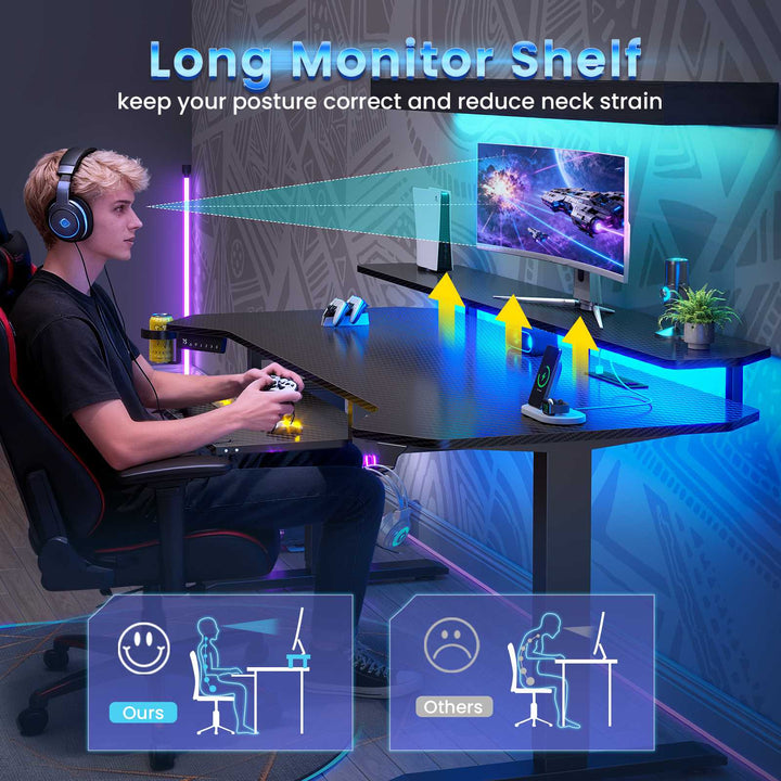 SEDETA® 55 Inch Electric Standing Gaming Desk Height Adjustable Ergonomic Computer Desk with LED Lights Power Strip Keyboard Tray and Monitor Stand