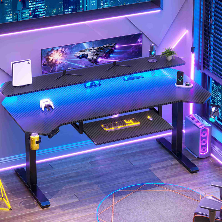SEDETA® 55 Inch Electric Standing Gaming Desk Height Adjustable Ergonomic Computer Desk with LED Lights Power Strip Keyboard Tray and Monitor Stand
