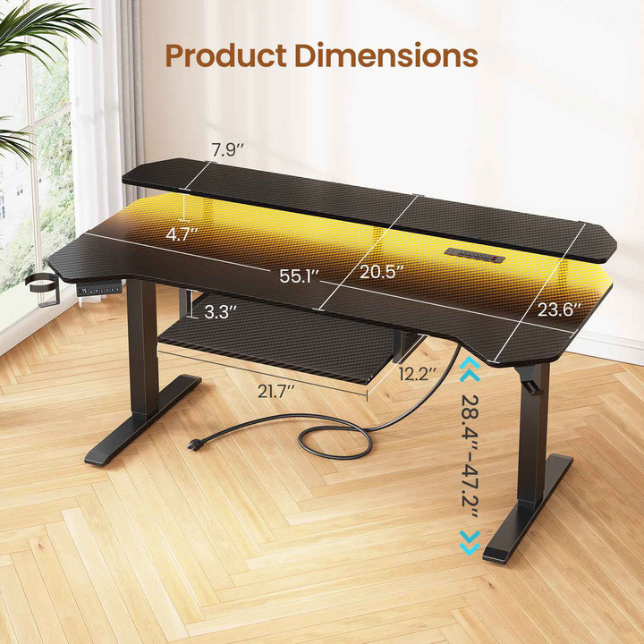 SEDETA® 55 Inch Electric Standing Gaming Desk Height Adjustable Ergonomic Computer Desk with LED Lights Power Strip Keyboard Tray and Monitor Stand