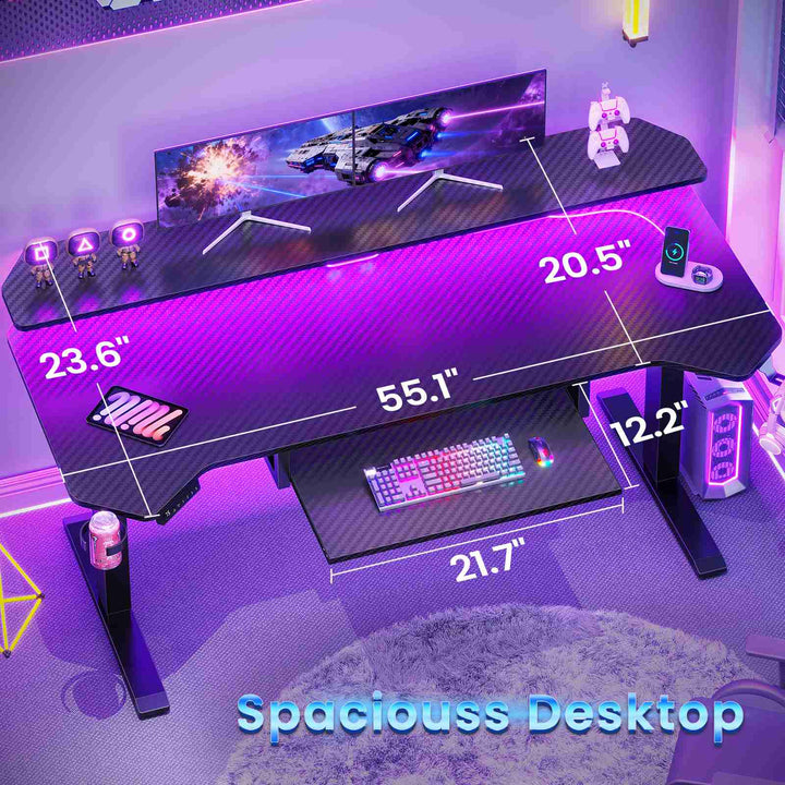 SEDETA® 55 Inch Electric Standing Gaming Desk Height Adjustable Ergonomic Computer Desk with LED Lights Power Strip Keyboard Tray and Monitor Stand