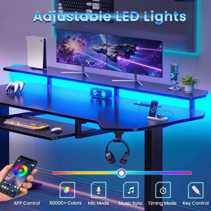 SEDETA® 55 Inch Electric Standing Gaming Desk Height Adjustable Ergonomic Computer Desk with LED Lights Power Strip Keyboard Tray and Monitor Stand