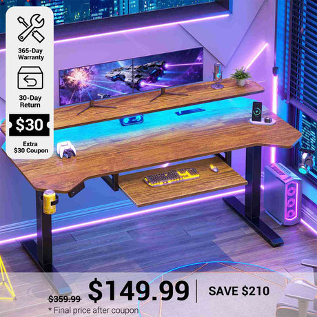 SEDETA® 55 Inch Electric Standing Gaming Desk Height Adjustable Ergonomic Computer Desk with LED Lights Power Strip Keyboard Tray and Monitor Stand