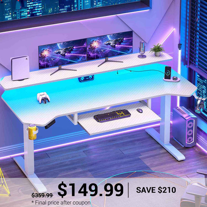 SEDETA® 55 Inch Electric Standing Gaming Desk Height Adjustable Ergonomic Computer Desk with LED Lights Power Strip Keyboard Tray and Monitor Stand