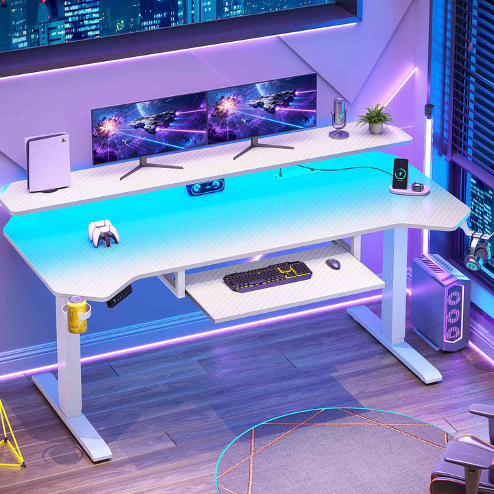 SEDETA® 55 Inch Electric Standing Gaming Desk Height Adjustable Ergonomic Computer Desk with LED Lights Power Strip Keyboard Tray and Monitor Stand