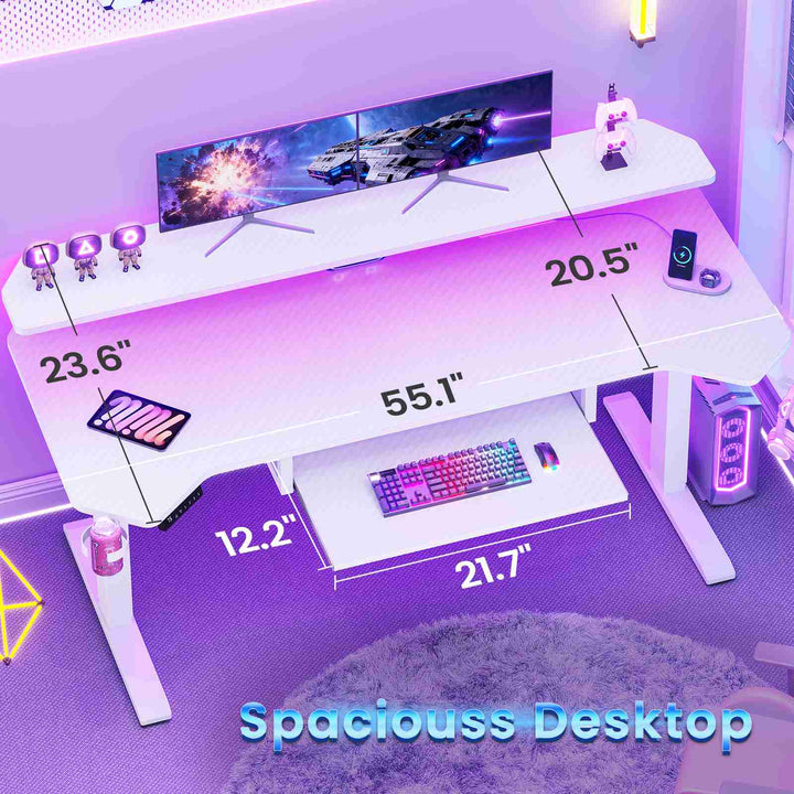 SEDETA® 55 Inch Electric Standing Gaming Desk Height Adjustable Ergonomic Computer Desk with LED Lights Power Strip Keyboard Tray and Monitor Stand
