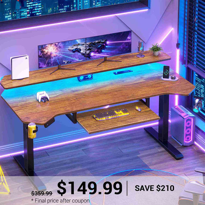 SEDETA® 55 Inch Electric Standing Gaming Desk Height Adjustable Ergonomic Computer Desk with LED Lights Power Strip Keyboard Tray and Monitor Stand