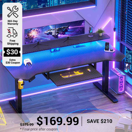 SEDETA 55 Inch Electric Standing Gaming Desk Height Adjustable Computer Desk with Power Strip LED Lights Keyboard Tray