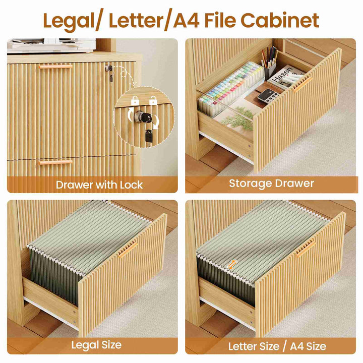 SEDETA® Farmhouse Fluted File Cabinets with Adjustable Storage Shelf 2 Drawers Wood Filing Cabinet fits A4 Size Hanging File Folders