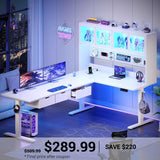 SEDETA | 68.9 Inch Electric Stand Up Corner Desk Height Adjustable L Shaped Gaming Desk with Led Lights Storage Hutch Drawers Pegboard