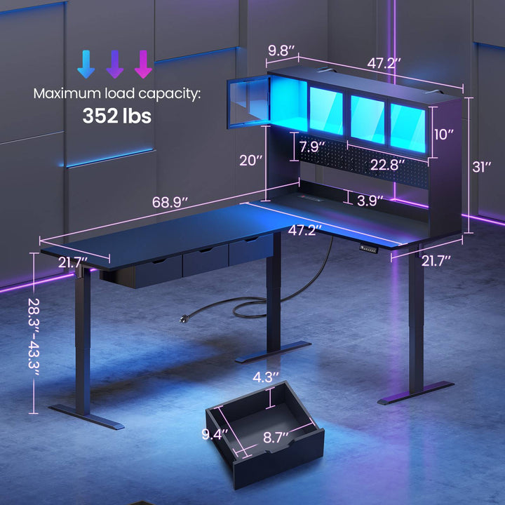 SEDETA 68.9 Inch Electric Standing Desk Height Adjustable L Shaped Gaming Desk Office Computer Desk with Led Lights Storage Drawers Hutch Pegboard