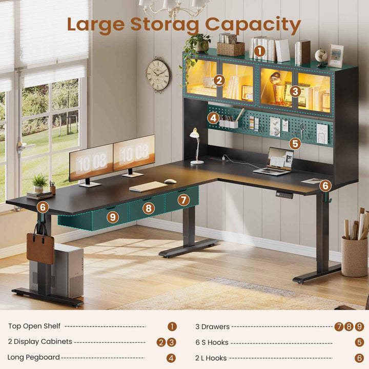 SEDETA 68.9 Inch Electric Standing Desk Height Adjustable L Shaped Gaming Desk Office Computer Desk with Led Lights Storage Drawers Hutch Pegboard