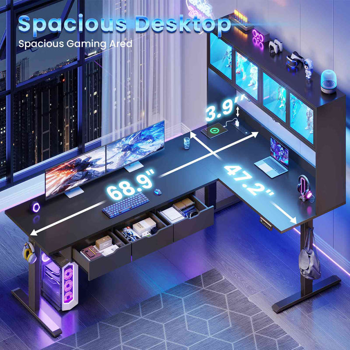 SEDETA 68.9 Inch Electric Standing Desk Height Adjustable L Shaped Gaming Desk Office Computer Desk with Led Lights Storage Drawers Hutch Pegboard