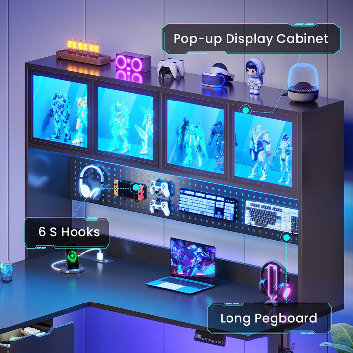 SEDETA 68.9 Inch Electric Standing Desk Height Adjustable L Shaped Gaming Desk Office Computer Desk with Led Lights Storage Drawers Hutch Pegboard