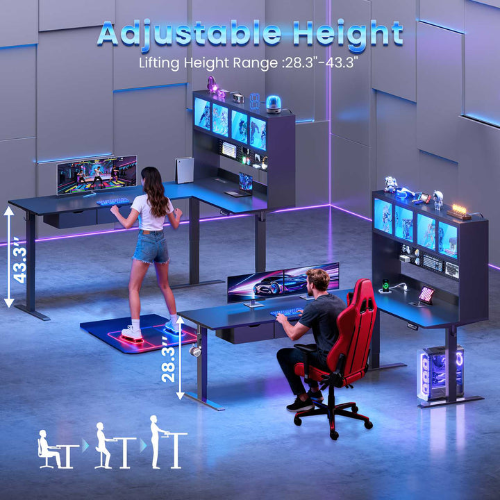 SEDETA 68.9 Inch Electric Standing Desk Height Adjustable L Shaped Gaming Desk Office Computer Desk with Led Lights Storage Drawers Hutch Pegboard