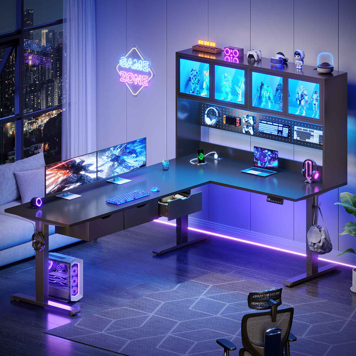 SEDETA 68.9 Inch Electric Standing Desk Height Adjustable L Shaped Gaming Desk Office Computer Desk with Led Lights Storage Drawers Hutch Pegboard