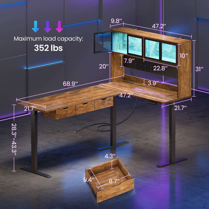 SEDETA 68.9 Inch Electric Standing Desk Height Adjustable L Shaped Gaming Desk Office Computer Desk with Led Lights Storage Drawers Hutch Pegboard