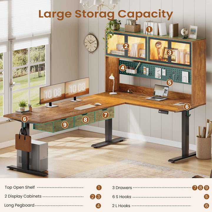 SEDETA 68.9 Inch Electric Standing Desk Height Adjustable L Shaped Gaming Desk Office Computer Desk with Led Lights Storage Drawers Hutch Pegboard